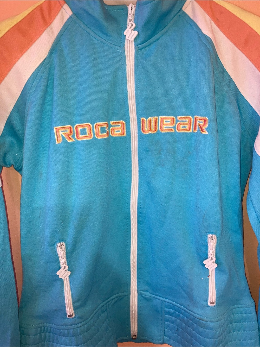 Y2K Rocawear Turquoise and Cream Colorblock Zip Jacket - Picture 3 of 4